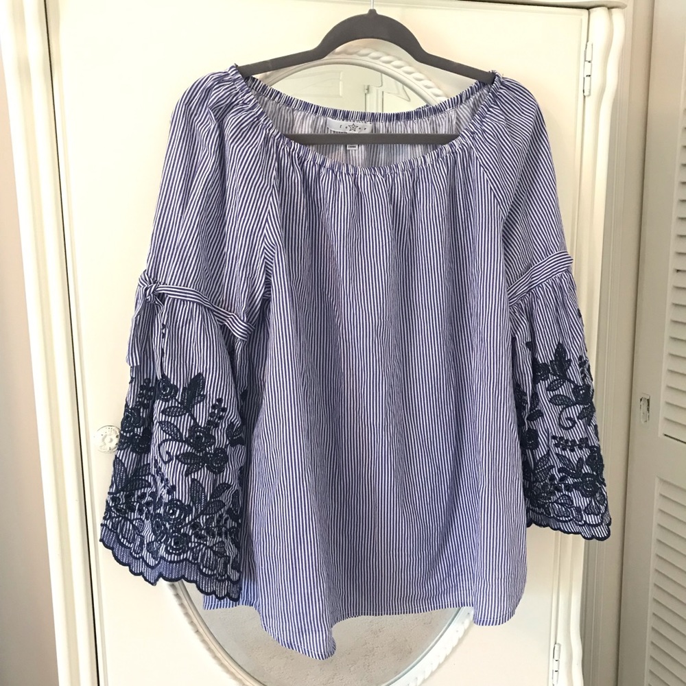 Blue and White Striped Embroidered Sleeve Shirt